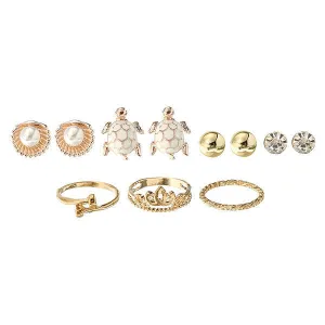 Turtle Ear Stud Gold Rings Set