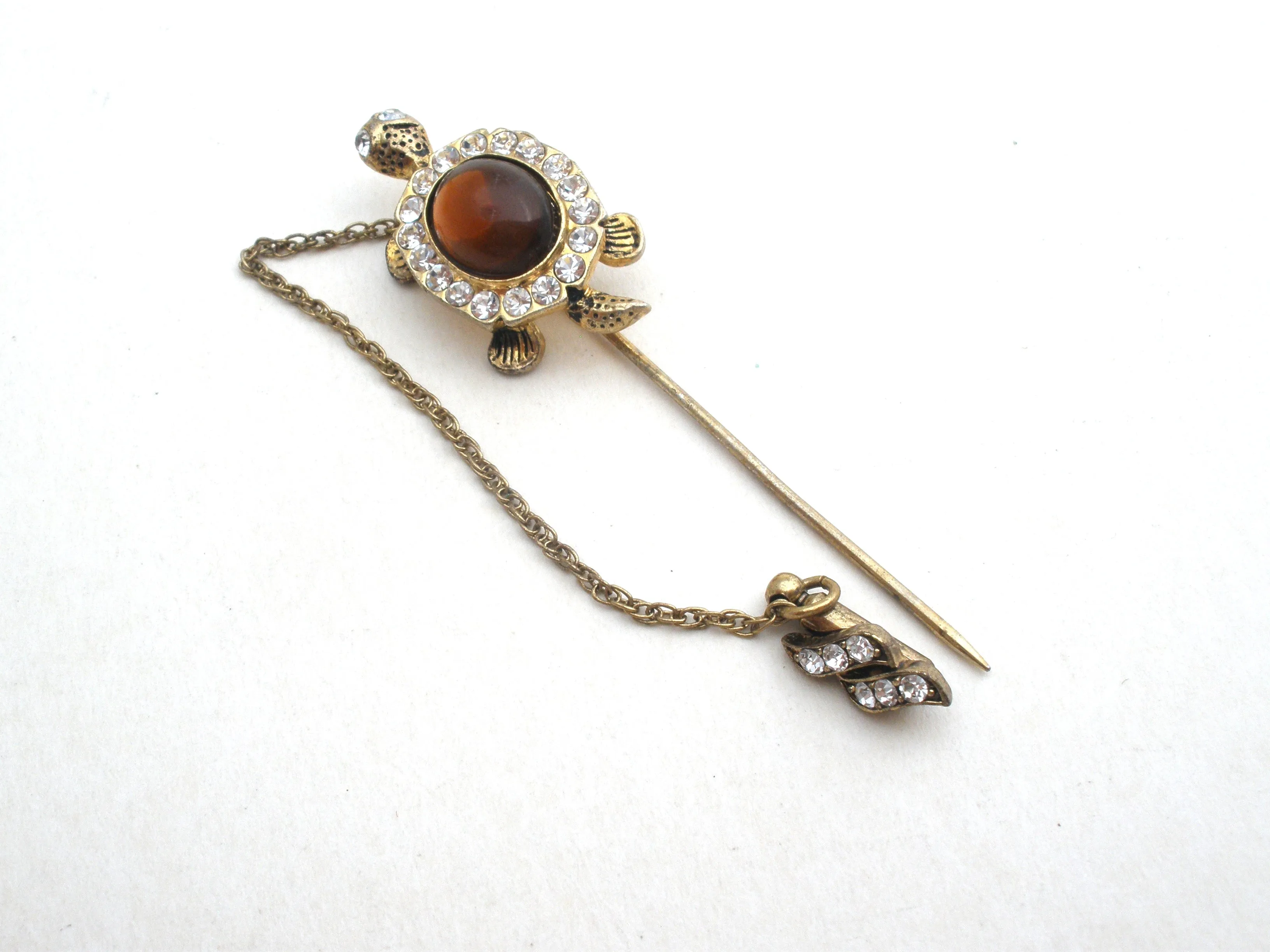 Turtle Jelly Belly Rhinestone Stick Pin Brooch Vintage