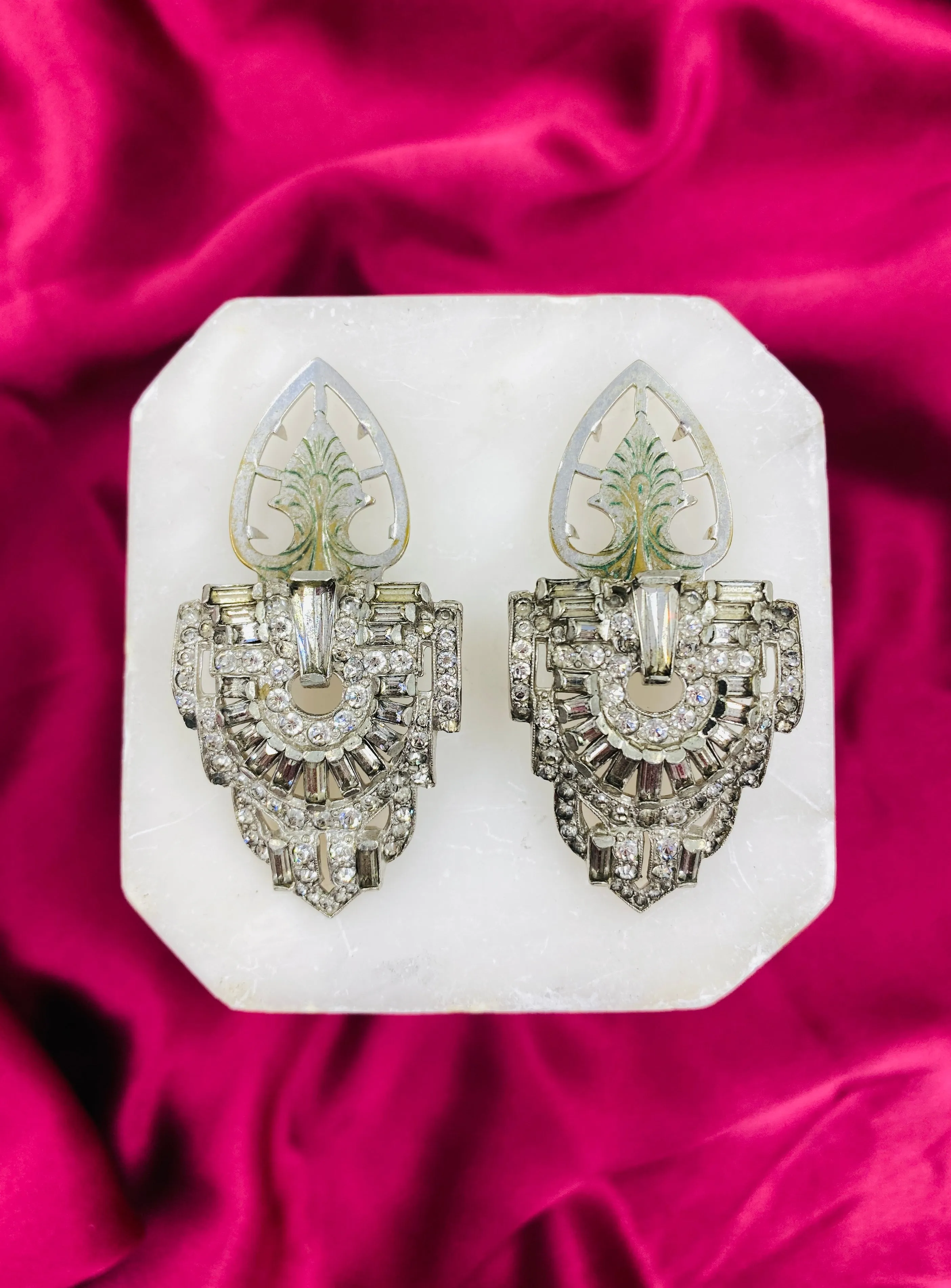 Vintage 1920s/30s Art Deco Silver Rhinestone Dress Clips