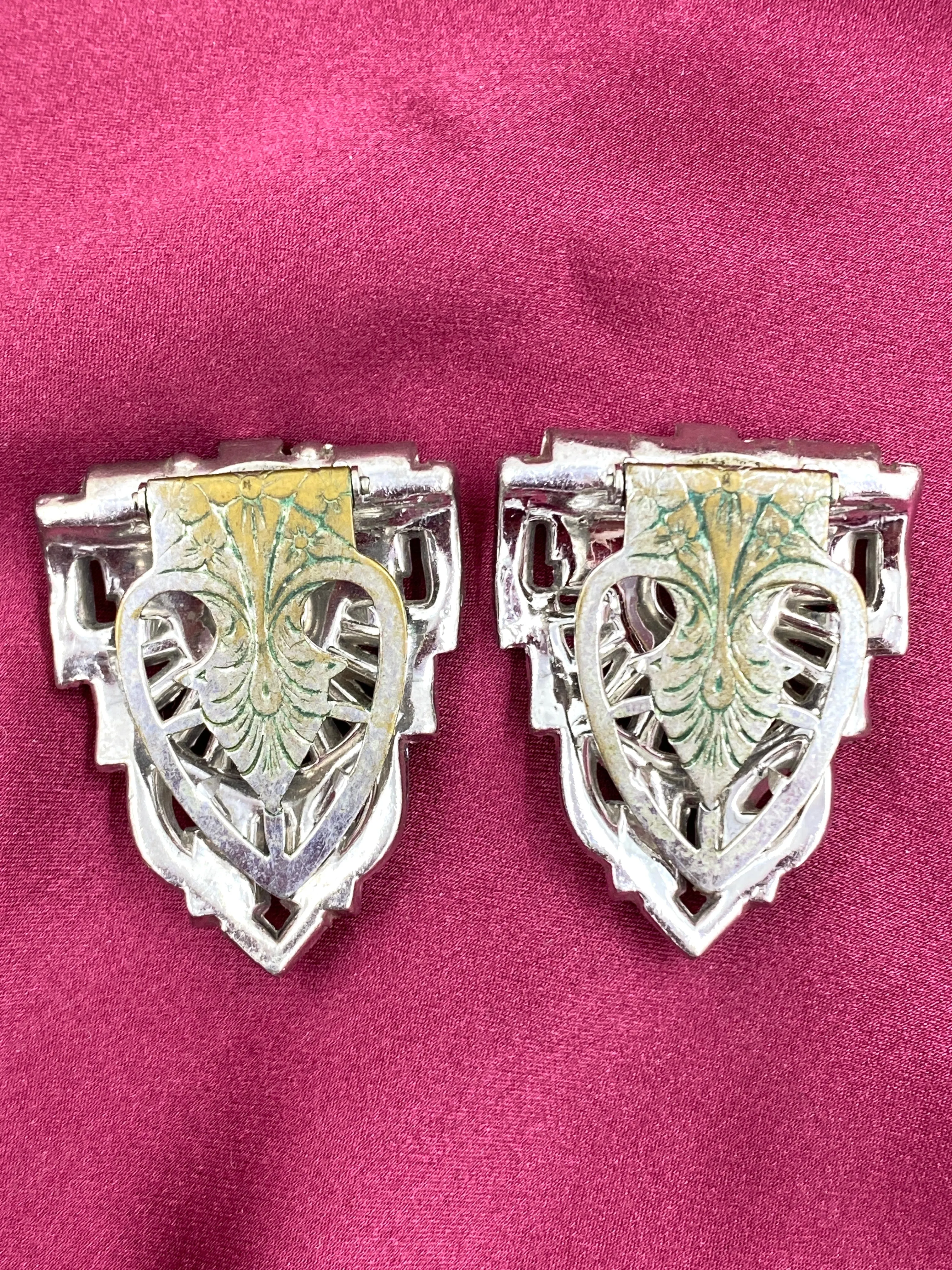 Vintage 1920s/30s Art Deco Silver Rhinestone Dress Clips