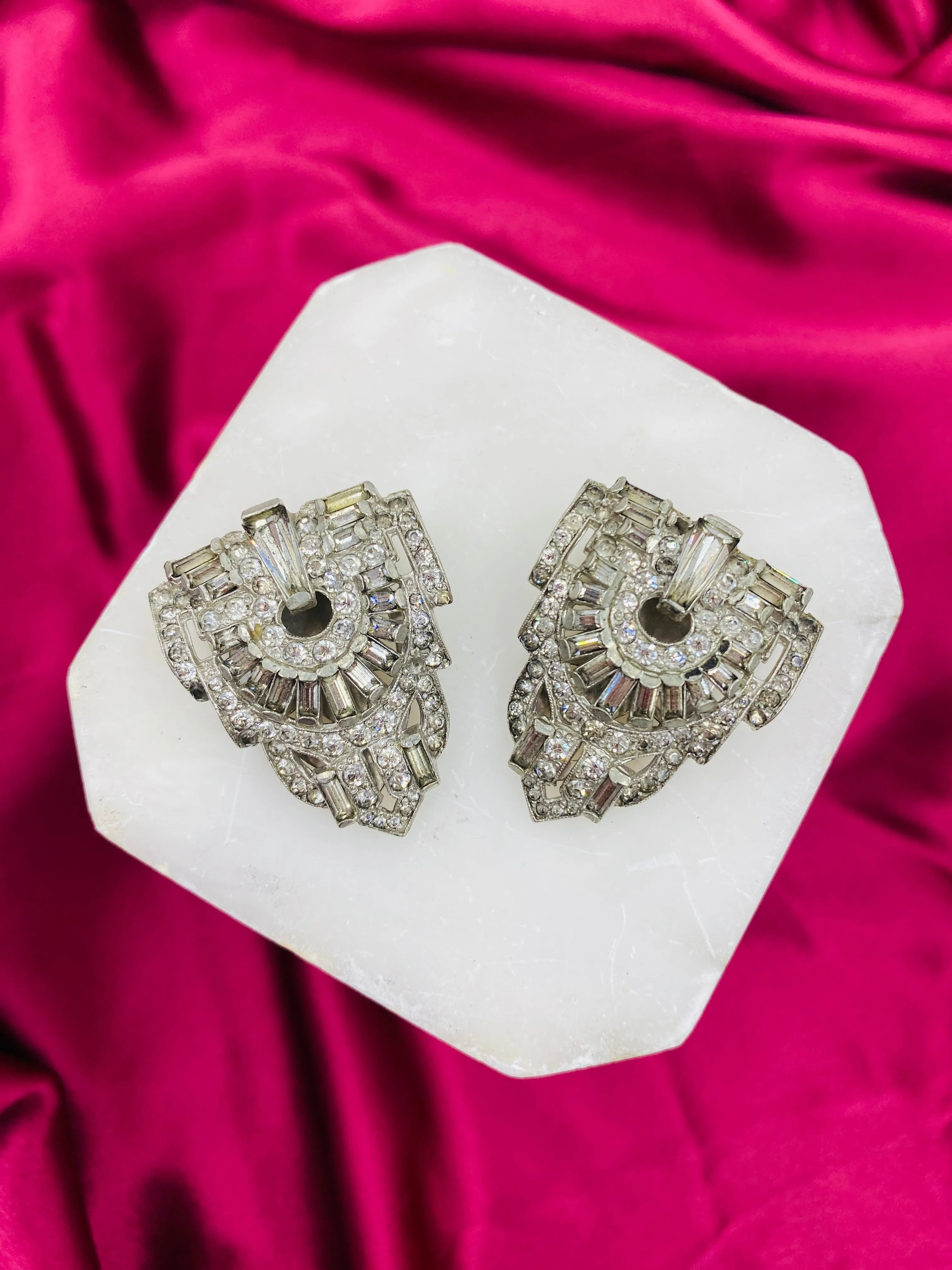 Vintage 1920s/30s Art Deco Silver Rhinestone Dress Clips