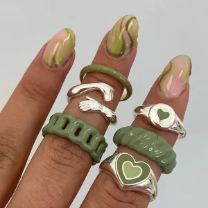 Vintage 6Pcs Green Embrace Hands Rings Set For Women Metal Paint Coating Creative INS Style Love Heart Ring Fashion Jewelry