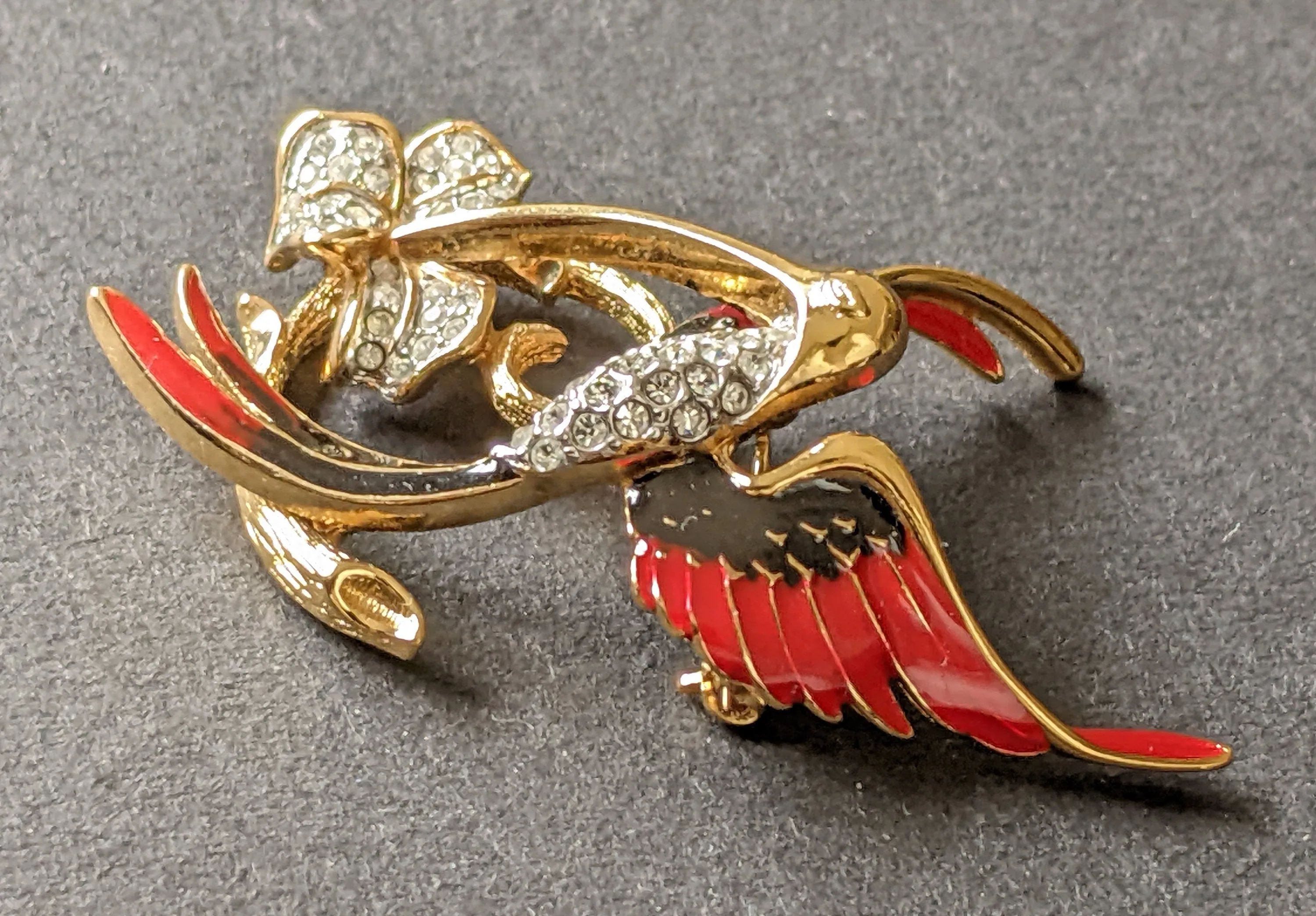 Vintage Attwood and Sawyer hummingbird brooch, 22ct gold plated, red and black enamel and rhinestone, signed A&S