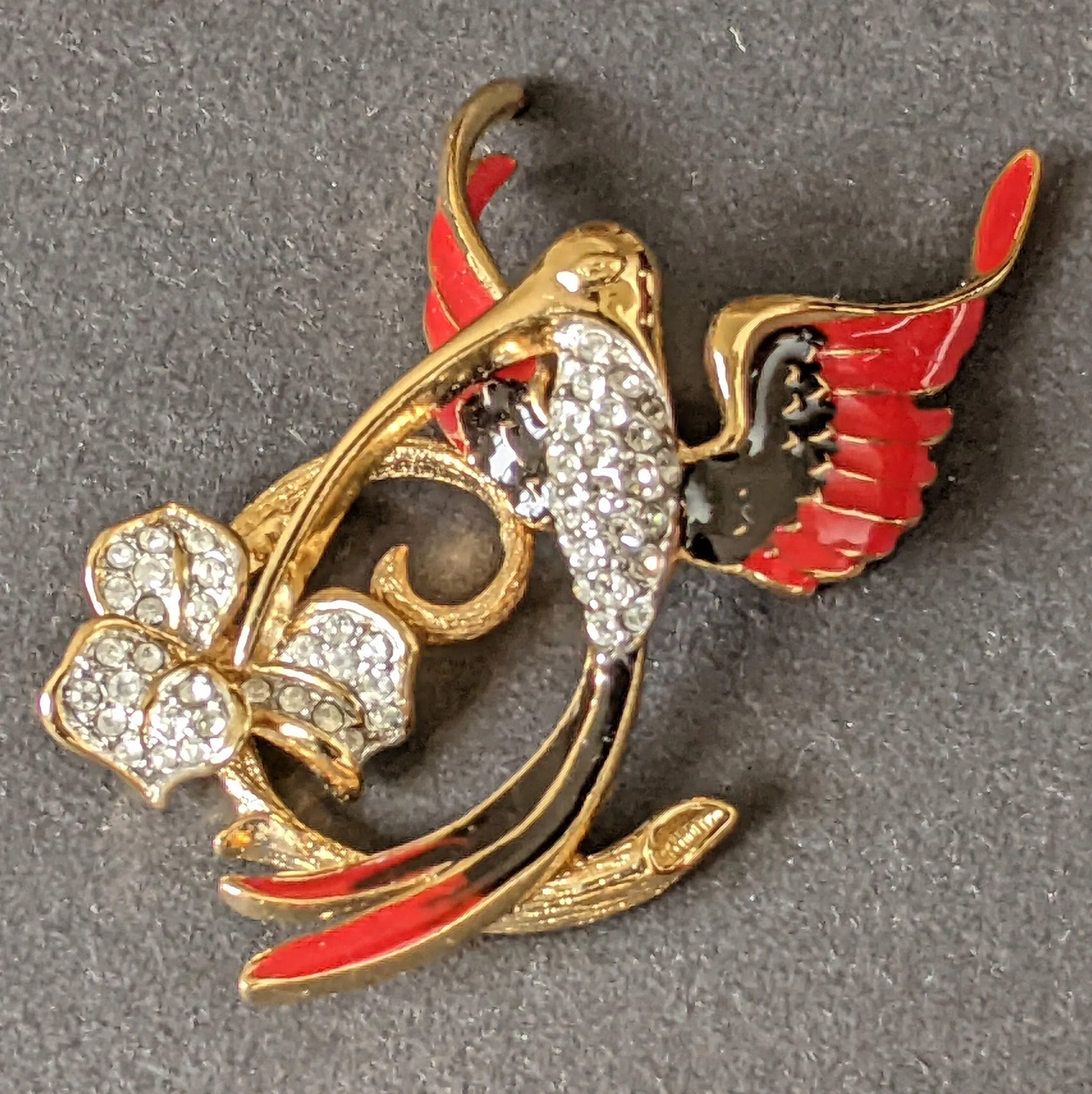 Vintage Attwood and Sawyer hummingbird brooch, 22ct gold plated, red and black enamel and rhinestone, signed A&S