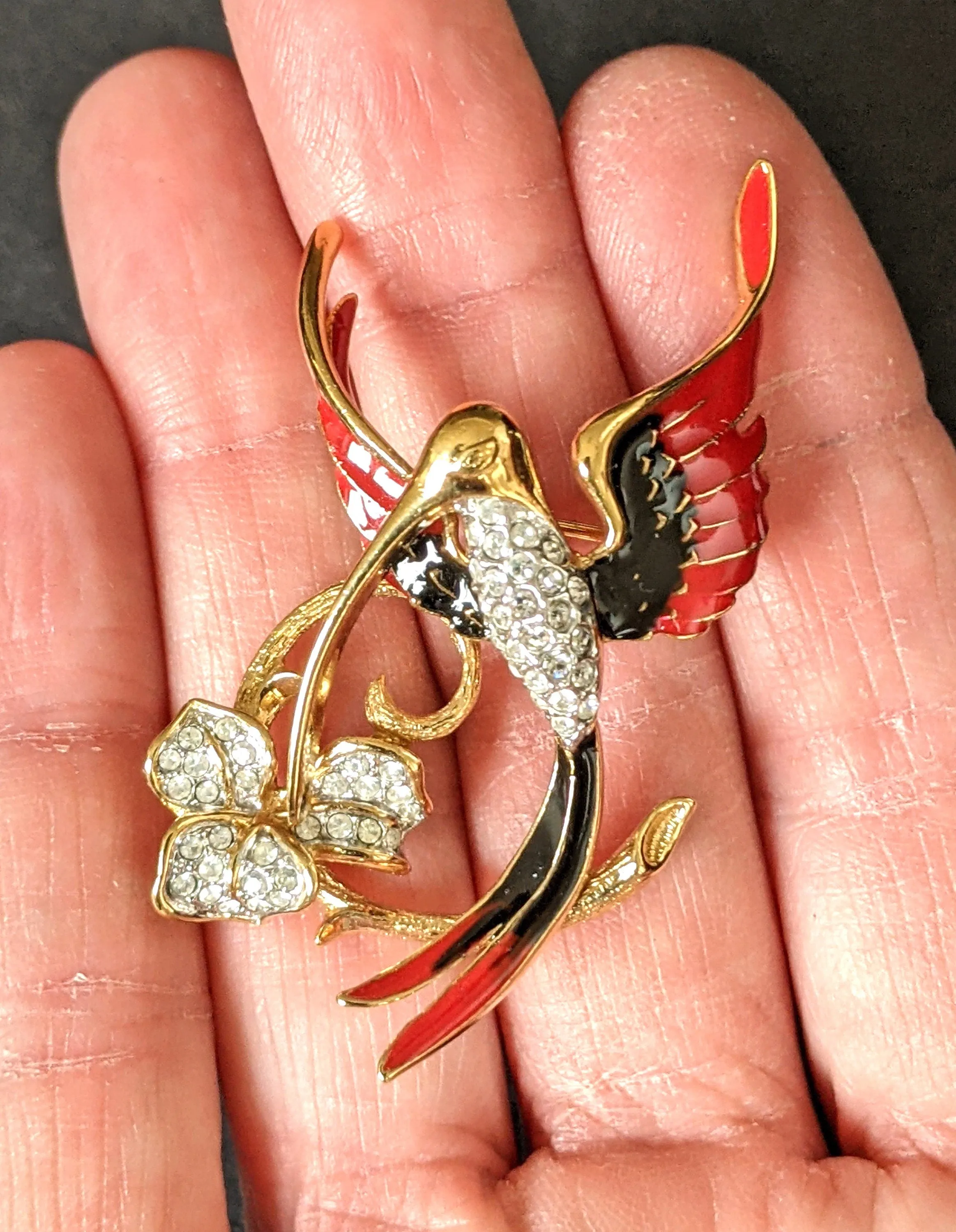 Vintage Attwood and Sawyer hummingbird brooch, 22ct gold plated, red and black enamel and rhinestone, signed A&S