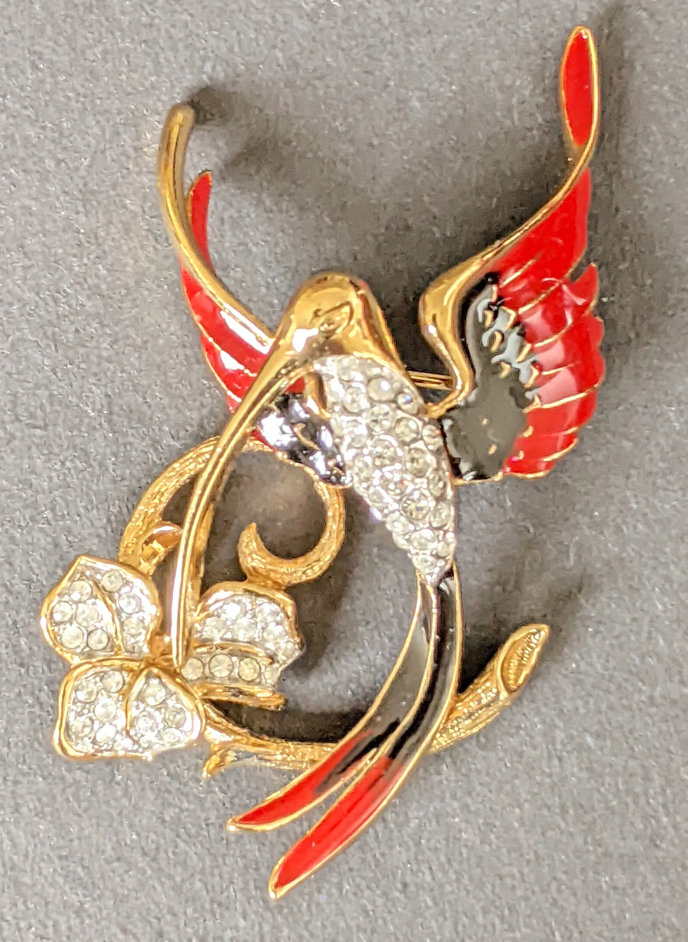 Vintage Attwood and Sawyer hummingbird brooch, 22ct gold plated, red and black enamel and rhinestone, signed A&S