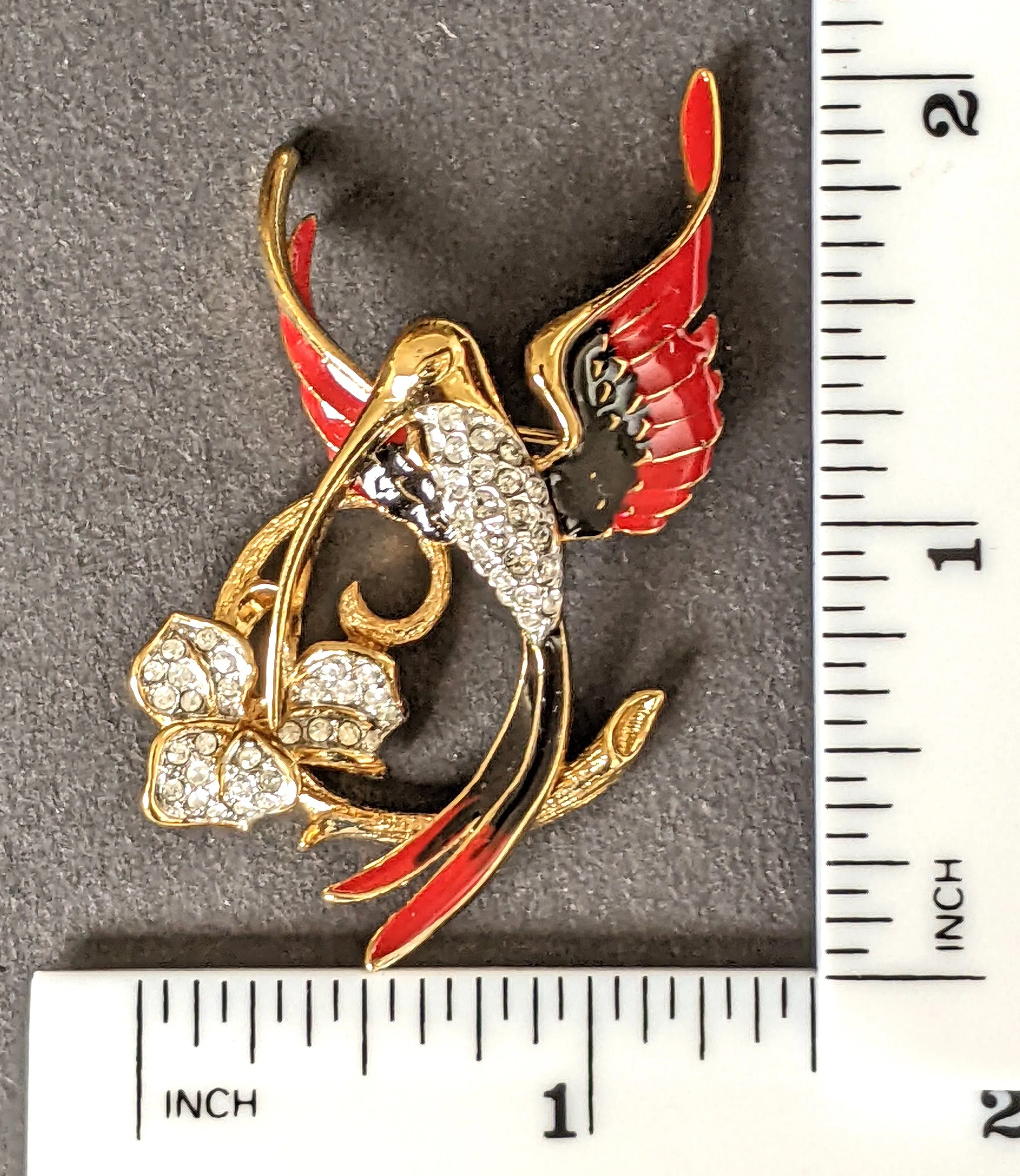 Vintage Attwood and Sawyer hummingbird brooch, 22ct gold plated, red and black enamel and rhinestone, signed A&S