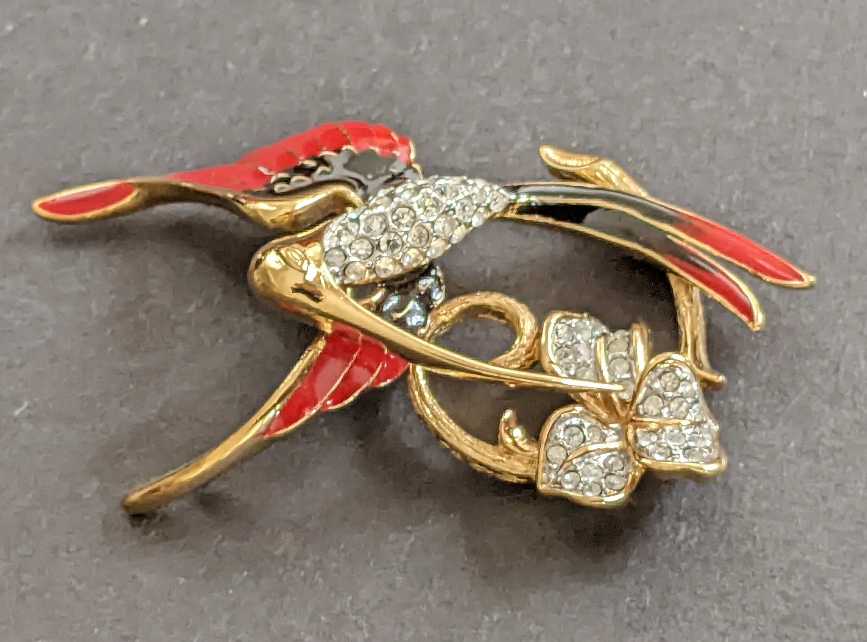 Vintage Attwood and Sawyer hummingbird brooch, 22ct gold plated, red and black enamel and rhinestone, signed A&S