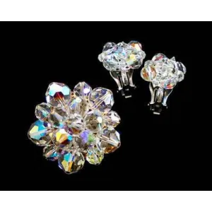 Vintage Aurora Borealis Fire Crystal Brooch   Earrings 1950S