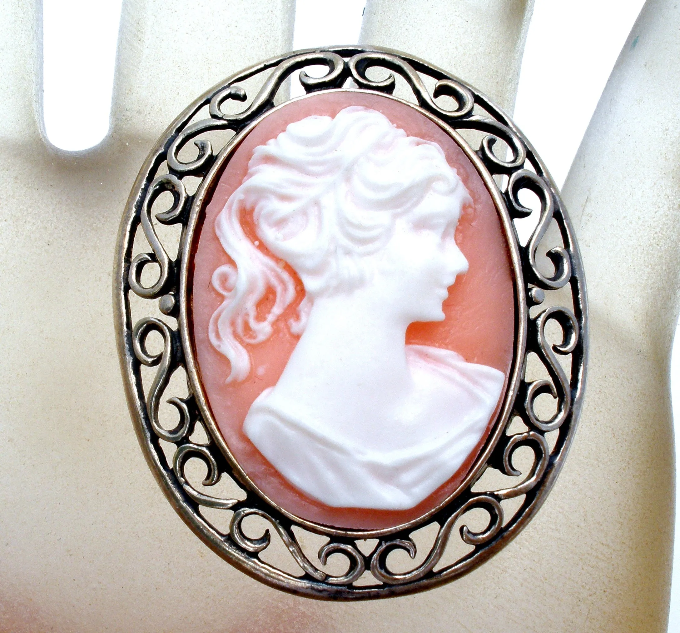 Vintage Cameo Brooch Pin Sterling Silver