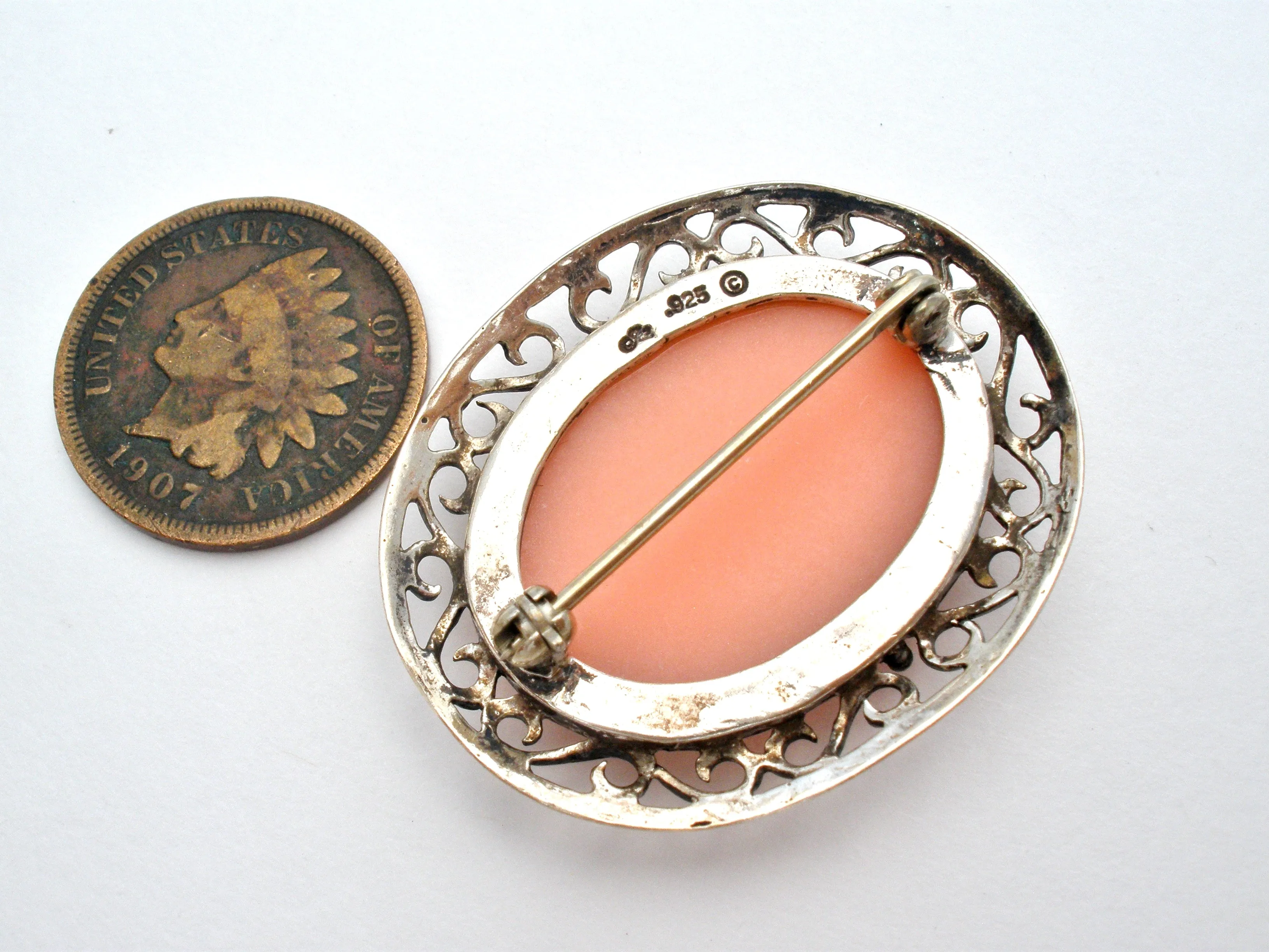 Vintage Cameo Brooch Pin Sterling Silver