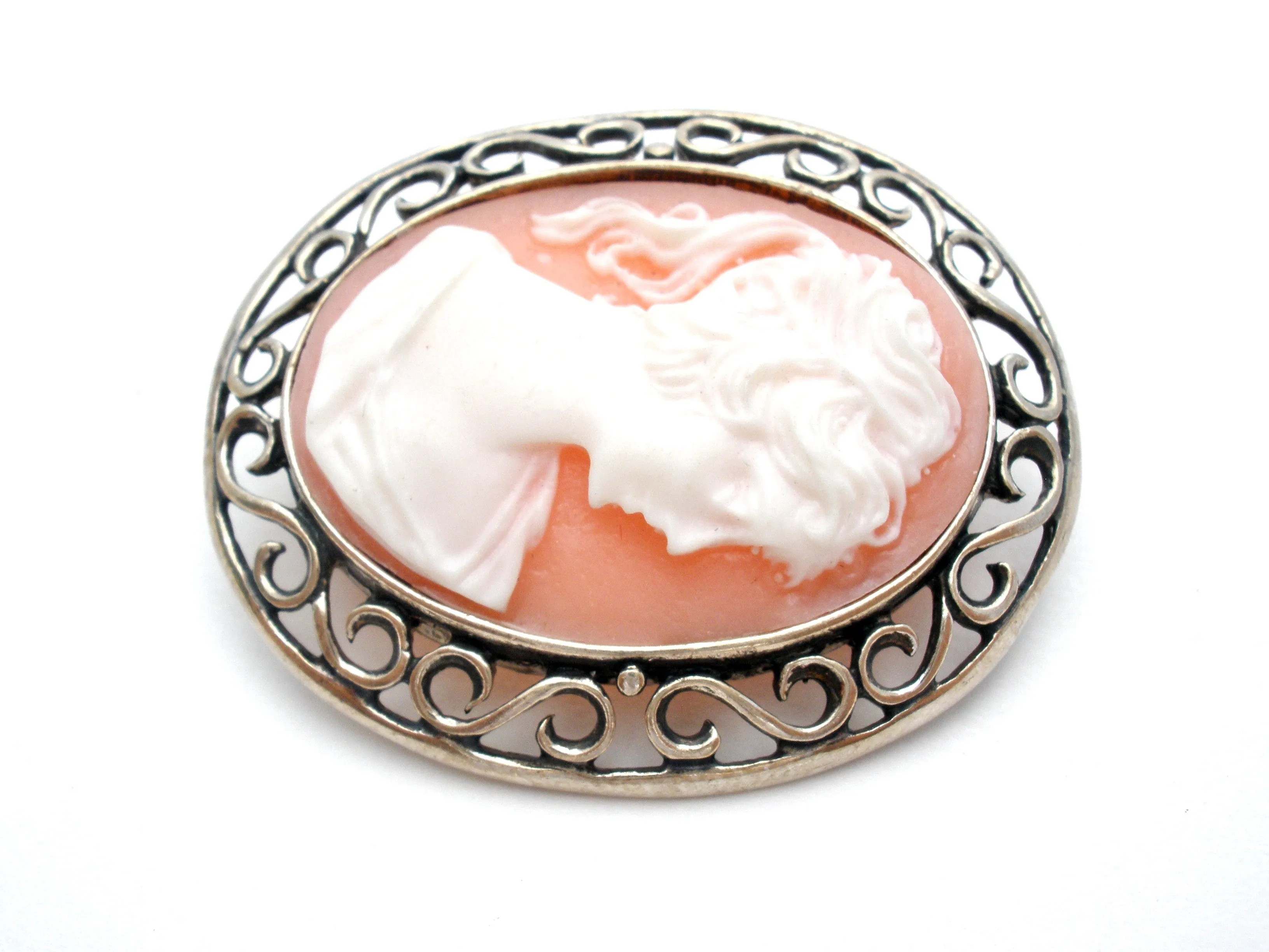 Vintage Cameo Brooch Pin Sterling Silver