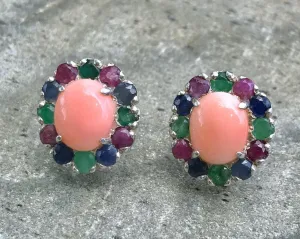 Vintage Coral Earrings - Coral Flower Studs - Statement Pink Earrings