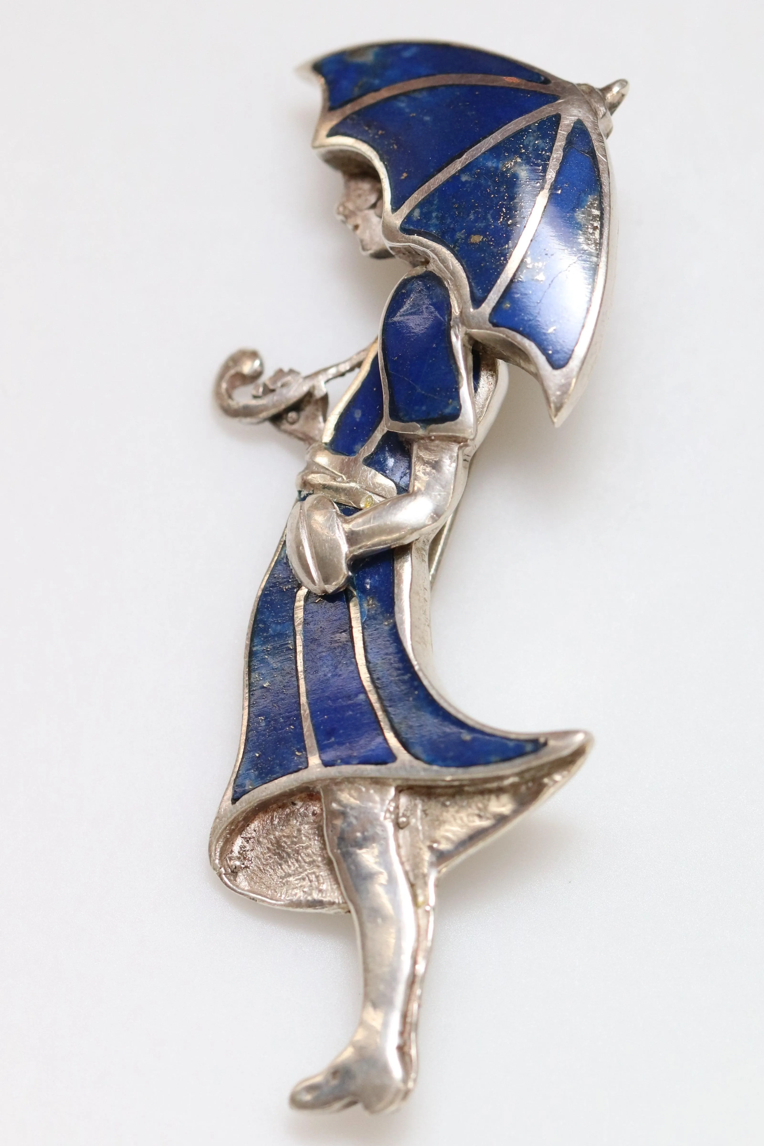 Vintage Handcrafted Silver Jewelry | Art Deco Girl and Umbrella Lapis Lazuli Brooch