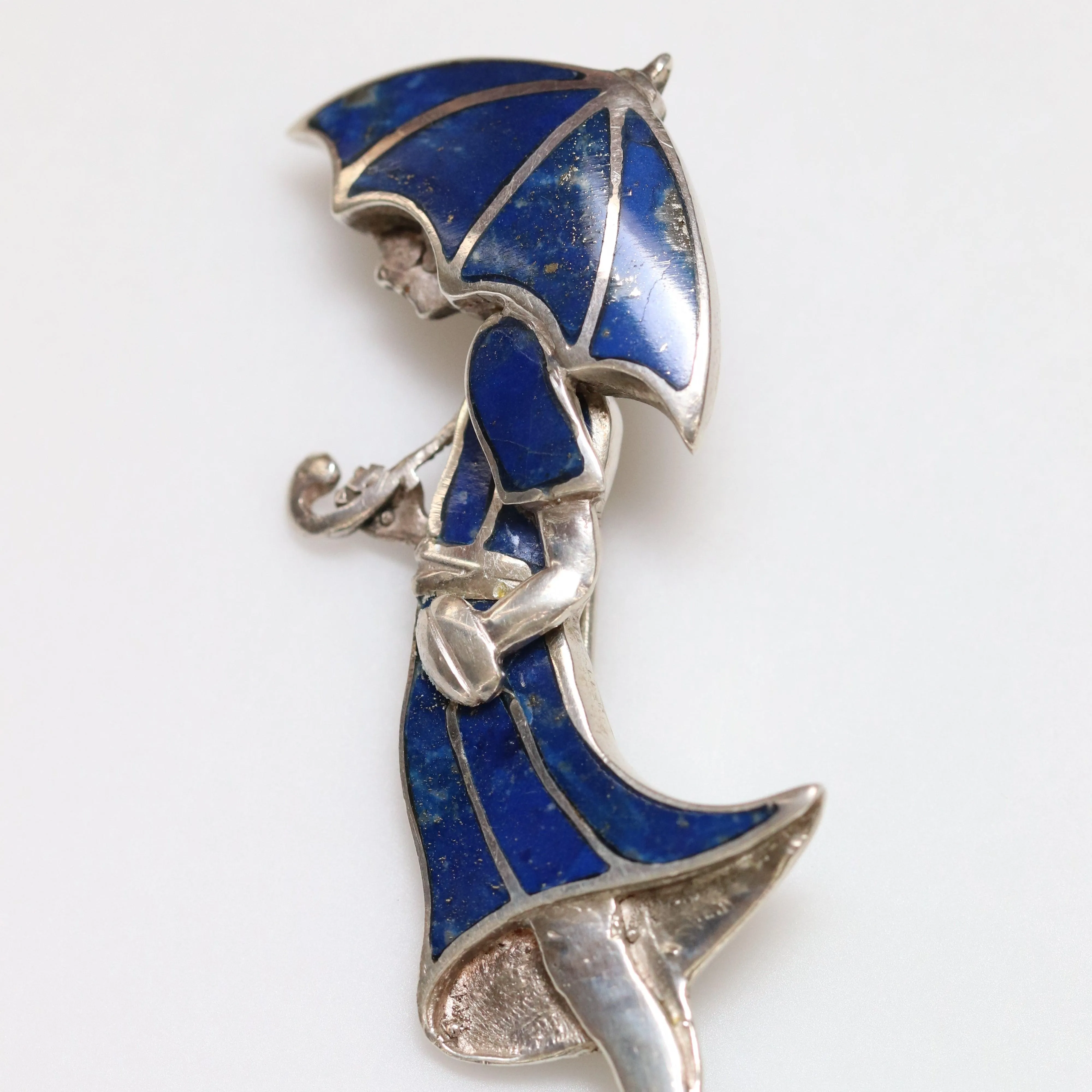 Vintage Handcrafted Silver Jewelry | Art Deco Girl and Umbrella Lapis Lazuli Brooch