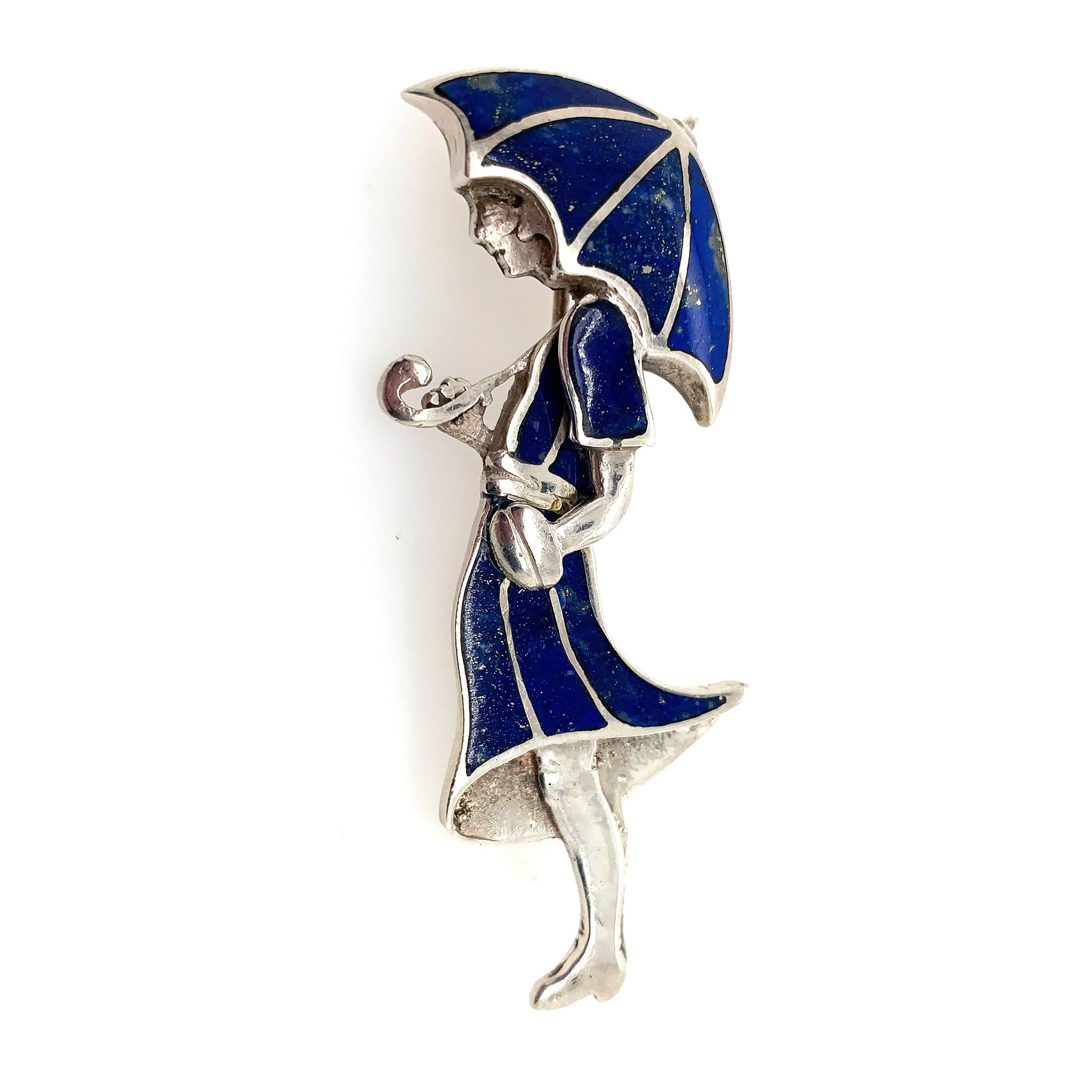 Vintage Handcrafted Silver Jewelry | Art Deco Girl and Umbrella Lapis Lazuli Brooch