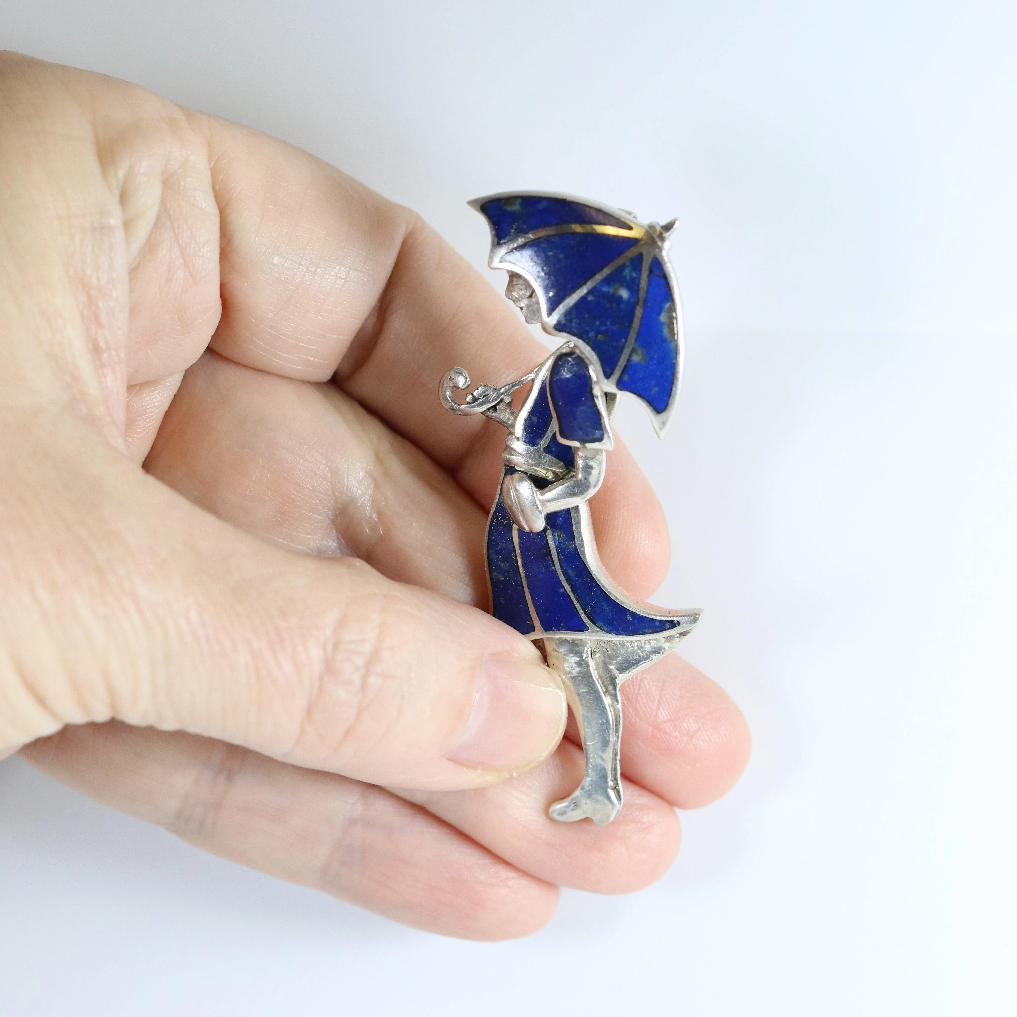 Vintage Handcrafted Silver Jewelry | Art Deco Girl and Umbrella Lapis Lazuli Brooch