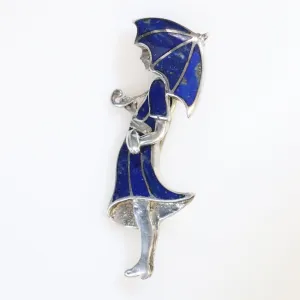 Vintage Handcrafted Silver Jewelry | Art Deco Girl and Umbrella Lapis Lazuli Brooch