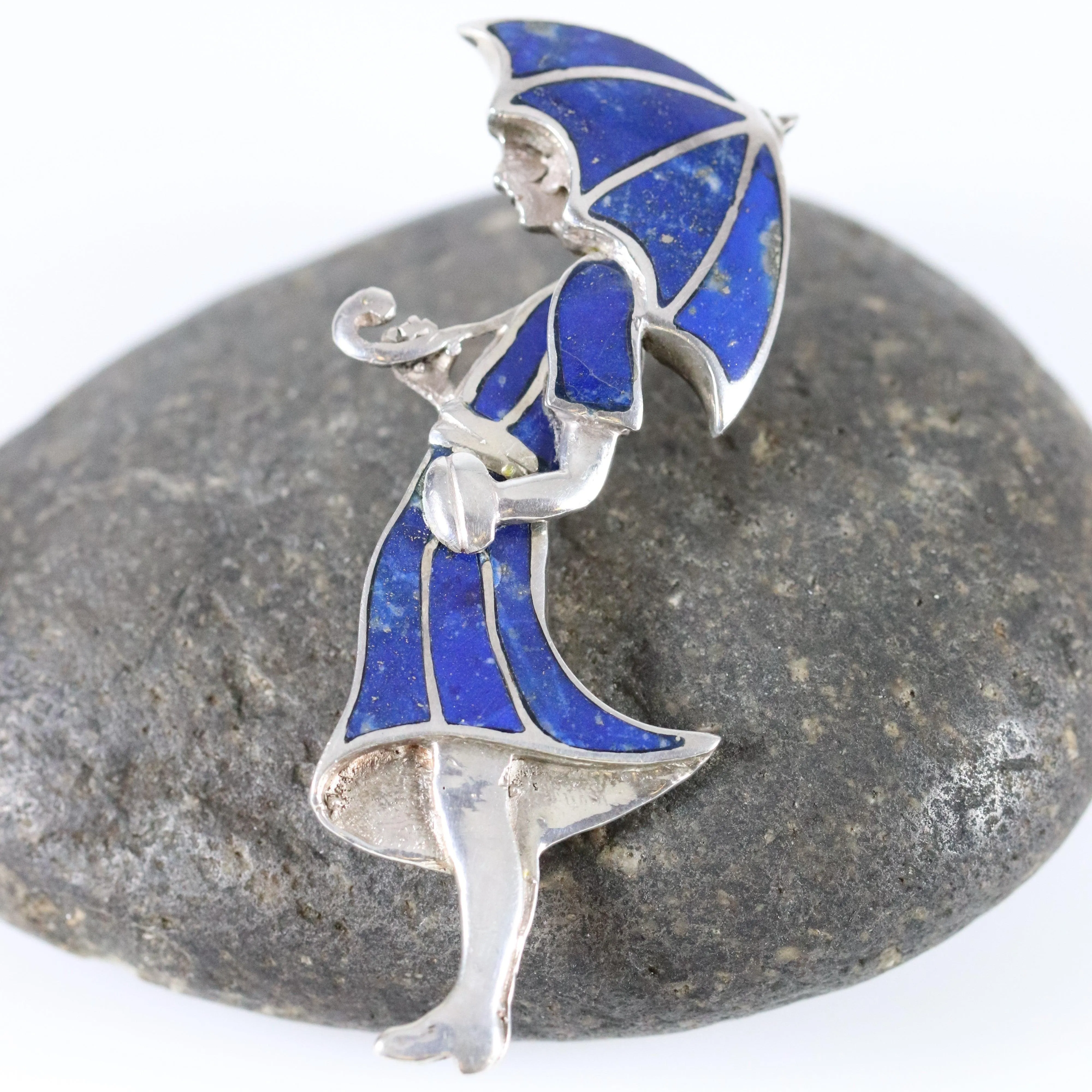 Vintage Handcrafted Silver Jewelry | Art Deco Girl and Umbrella Lapis Lazuli Brooch