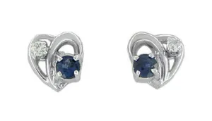 Vintage Heart Sapphire and Diamond Stud Earrings in 14 Karat White Gold