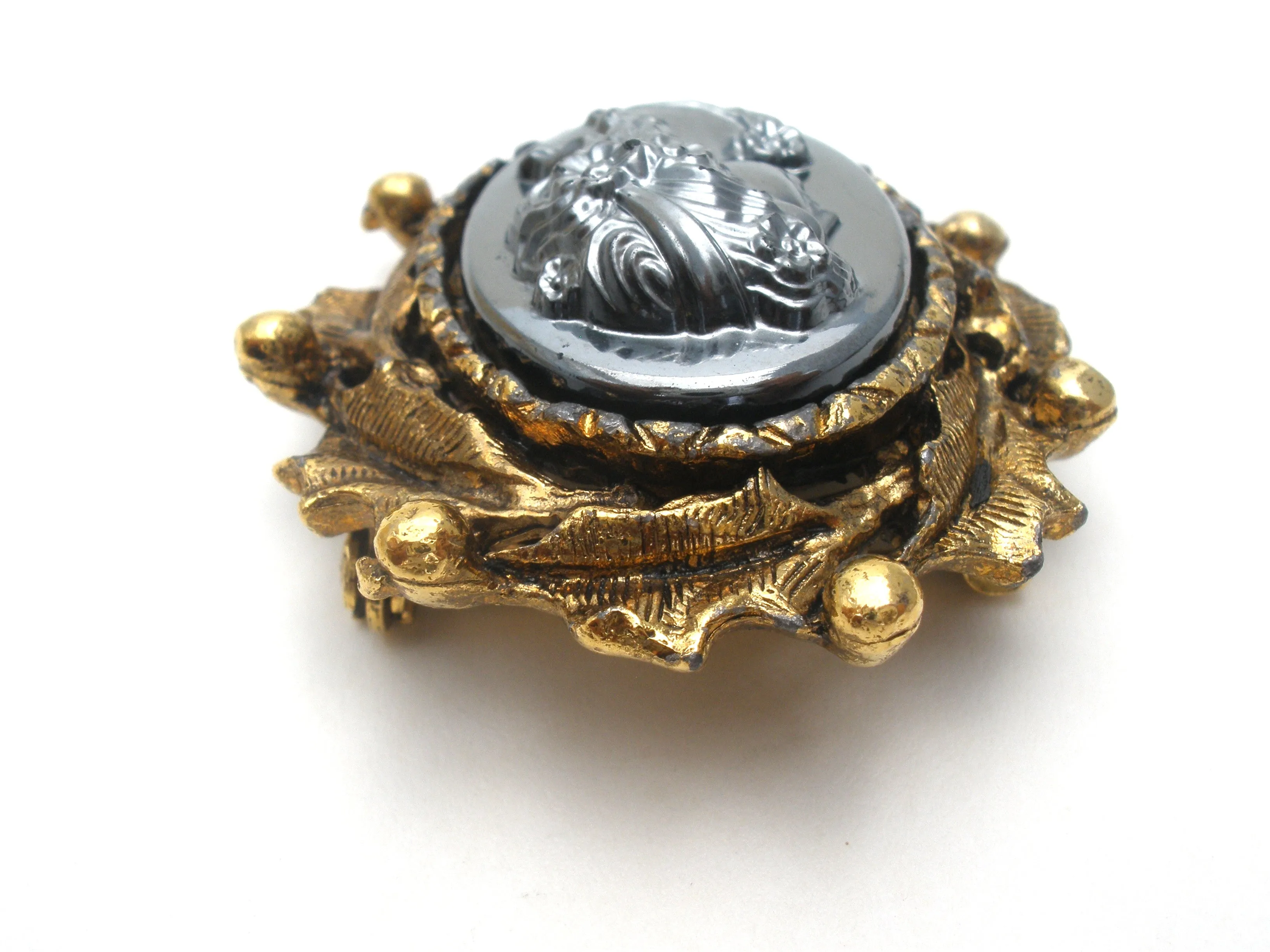 Vintage Hematite Left Facing Cameo Brooch Pin