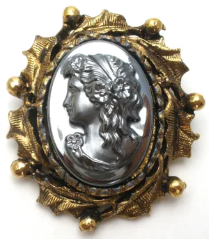 Vintage Hematite Left Facing Cameo Brooch Pin