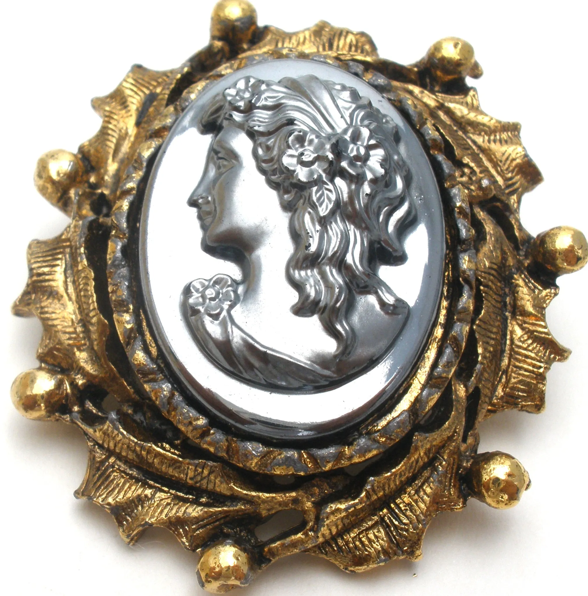 Vintage Hematite Left Facing Cameo Brooch Pin