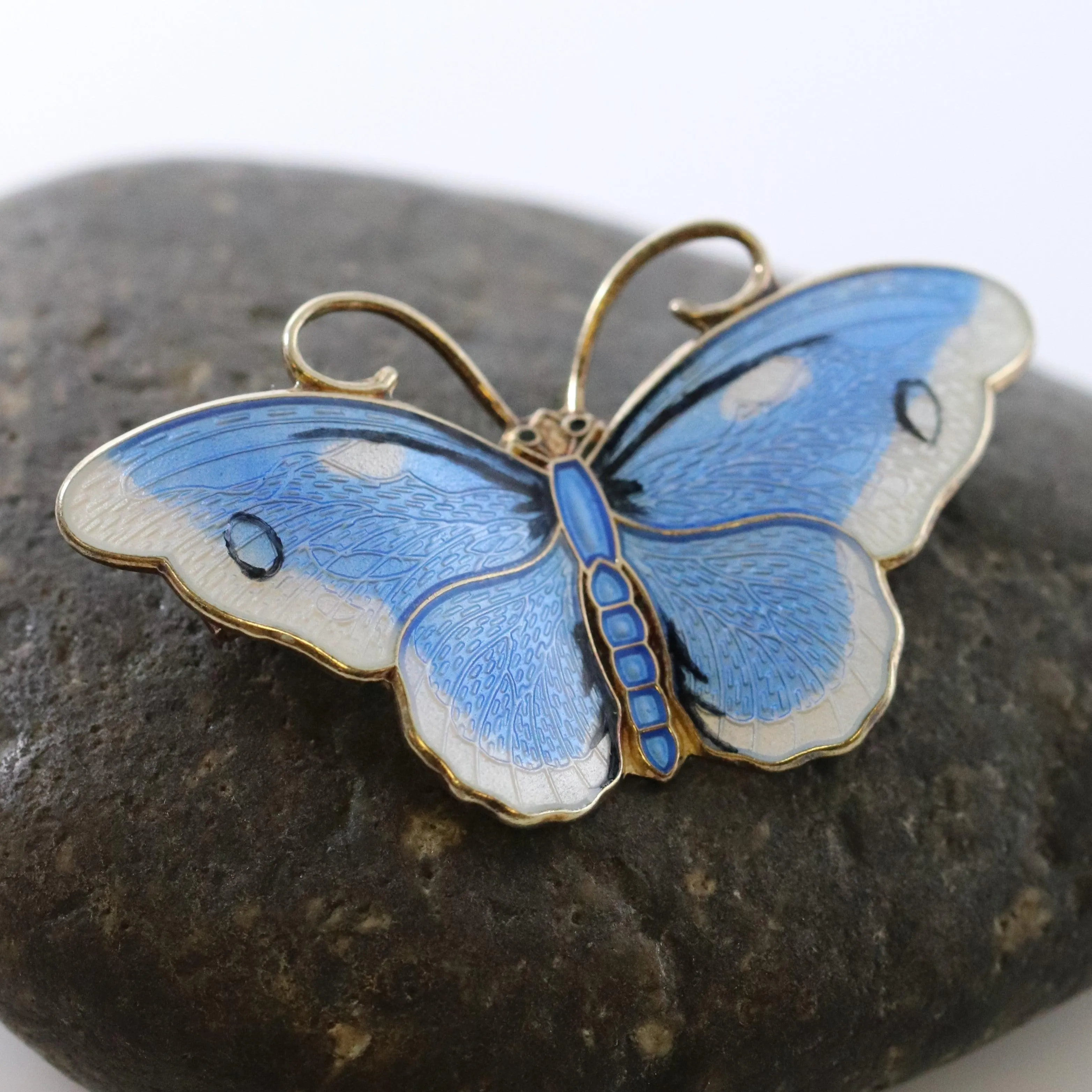 Vintage Hroar Prydz Enamel Jewelry | Blue and White Guilloche Enamel Butterfly Brooch