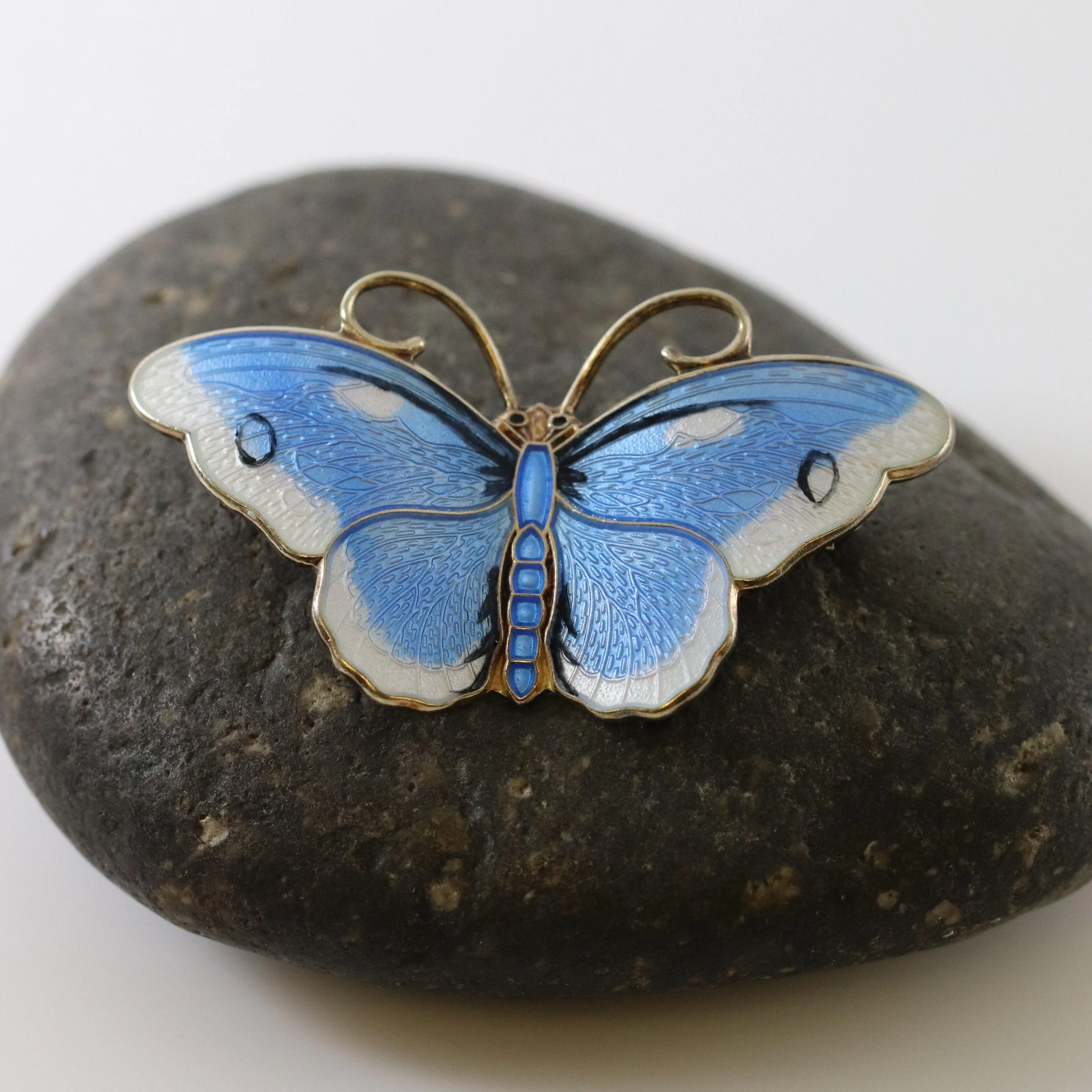 Vintage Hroar Prydz Enamel Jewelry | Blue and White Guilloche Enamel Butterfly Brooch