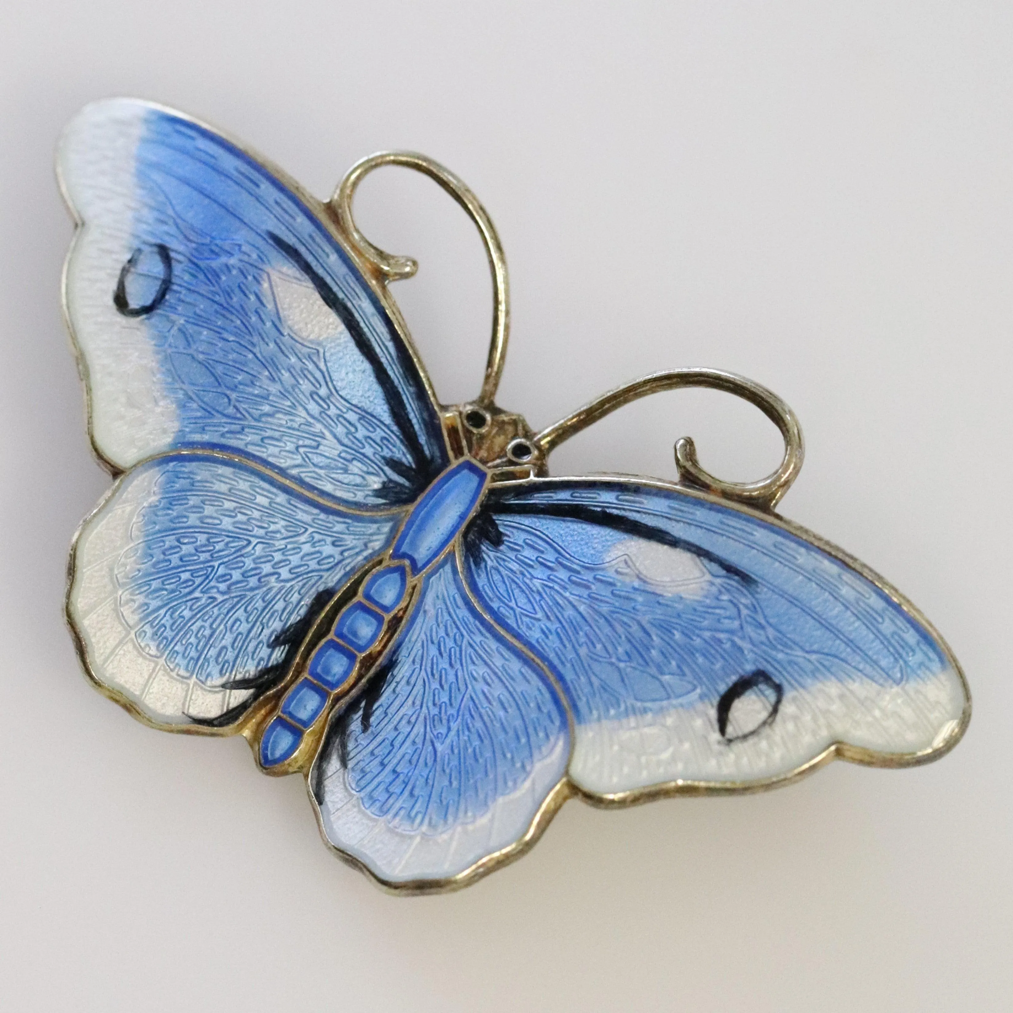 Vintage Hroar Prydz Enamel Jewelry | Blue and White Guilloche Enamel Butterfly Brooch