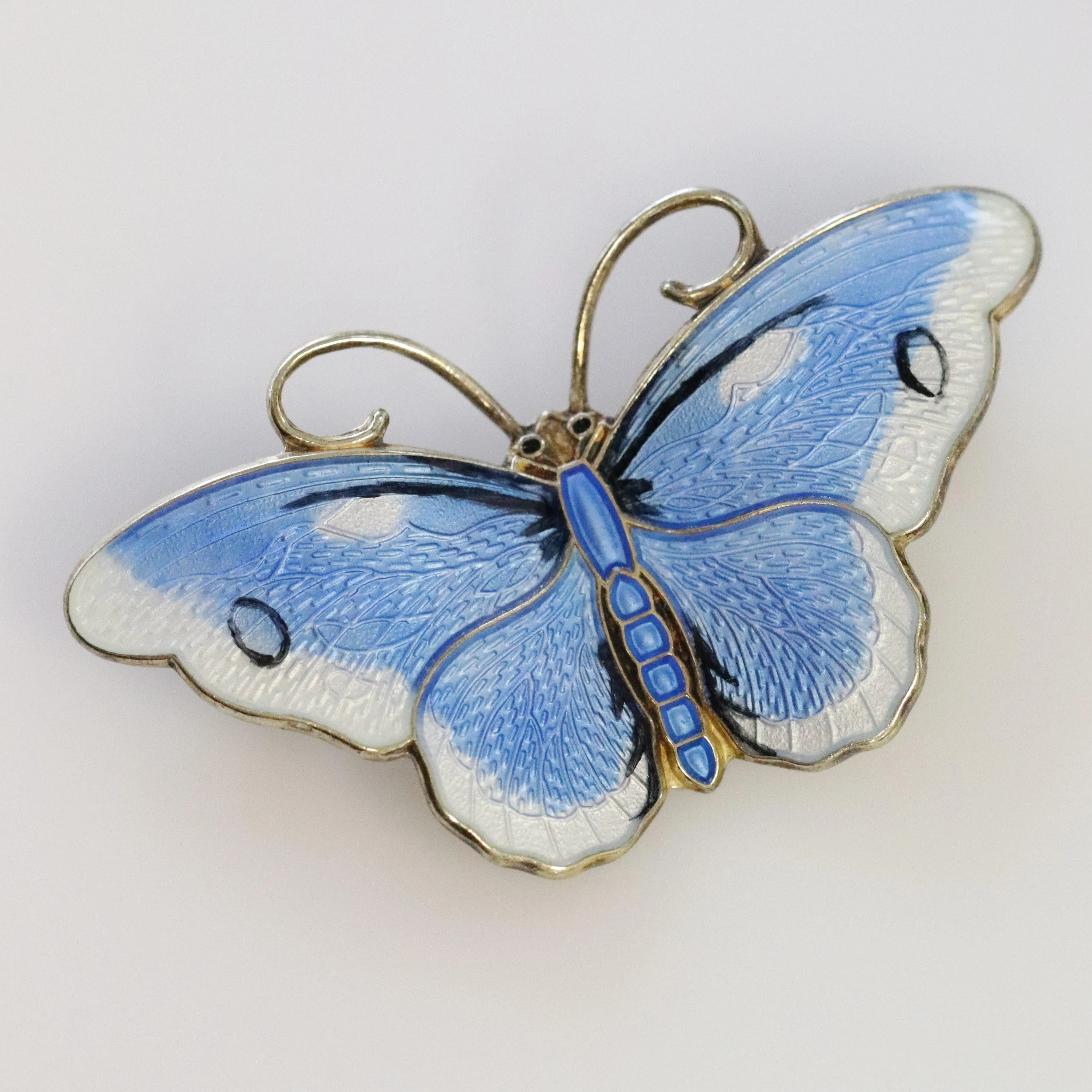 Vintage Hroar Prydz Enamel Jewelry | Blue and White Guilloche Enamel Butterfly Brooch