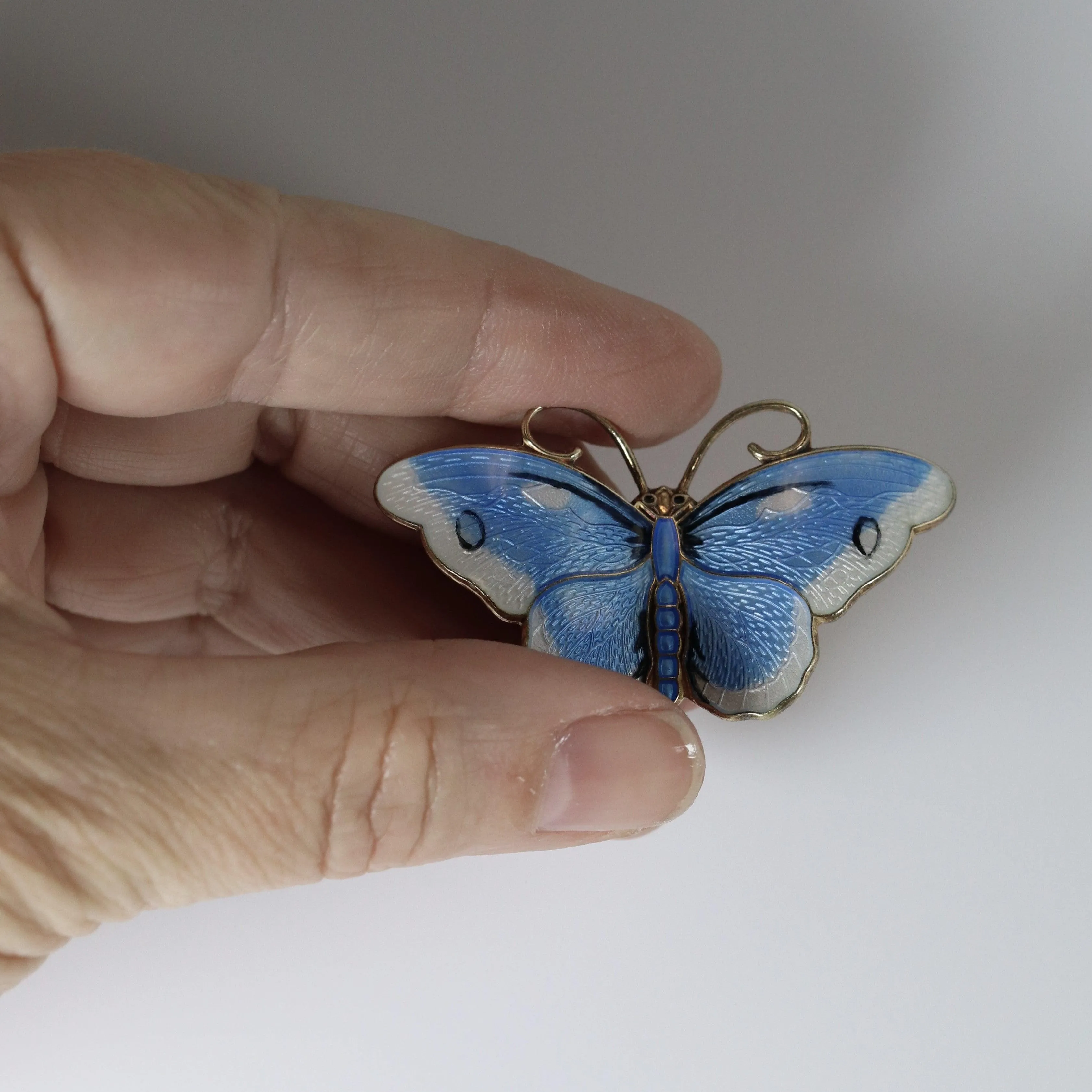 Vintage Hroar Prydz Enamel Jewelry | Blue and White Guilloche Enamel Butterfly Brooch