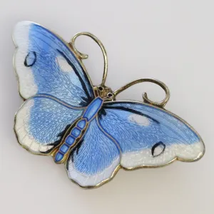 Vintage Hroar Prydz Enamel Jewelry | Blue and White Guilloche Enamel Butterfly Brooch