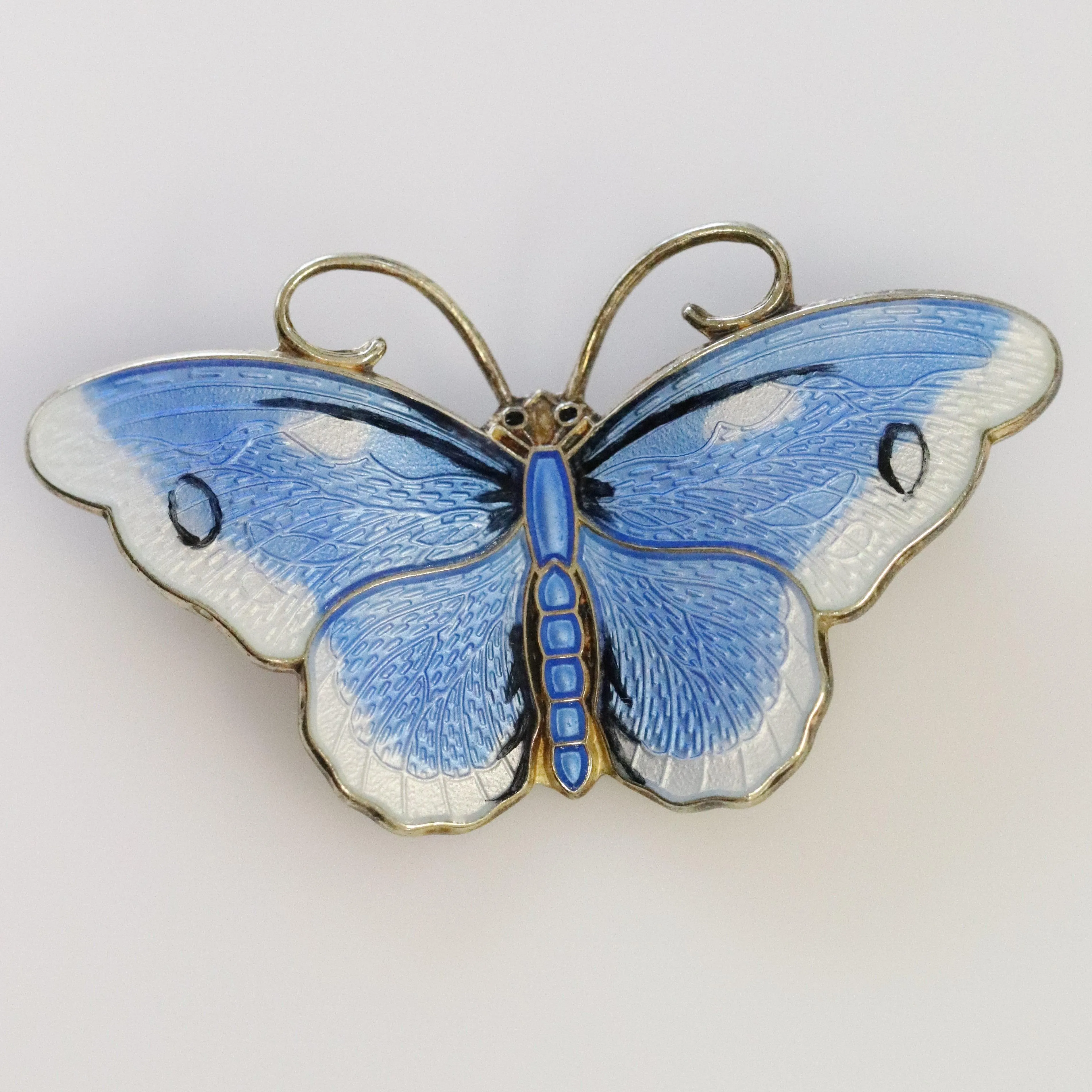 Vintage Hroar Prydz Enamel Jewelry | Blue and White Guilloche Enamel Butterfly Brooch