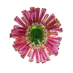 Vintage Schreiner Pink & Green Keystone Ruffle Brooch