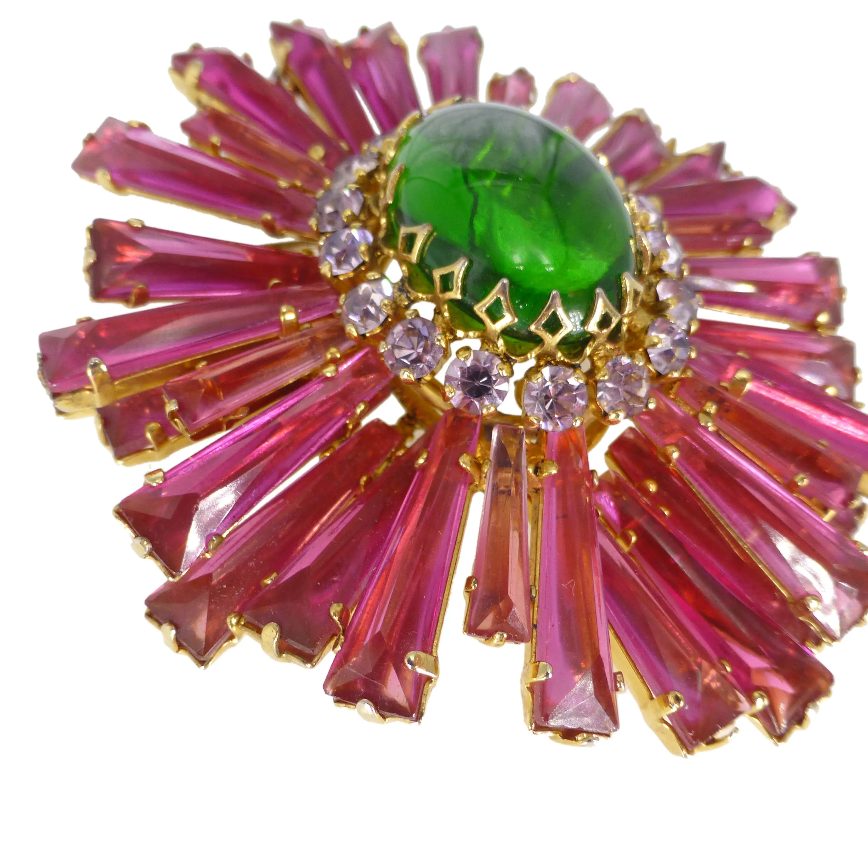 Vintage Schreiner Pink & Green Keystone Ruffle Brooch