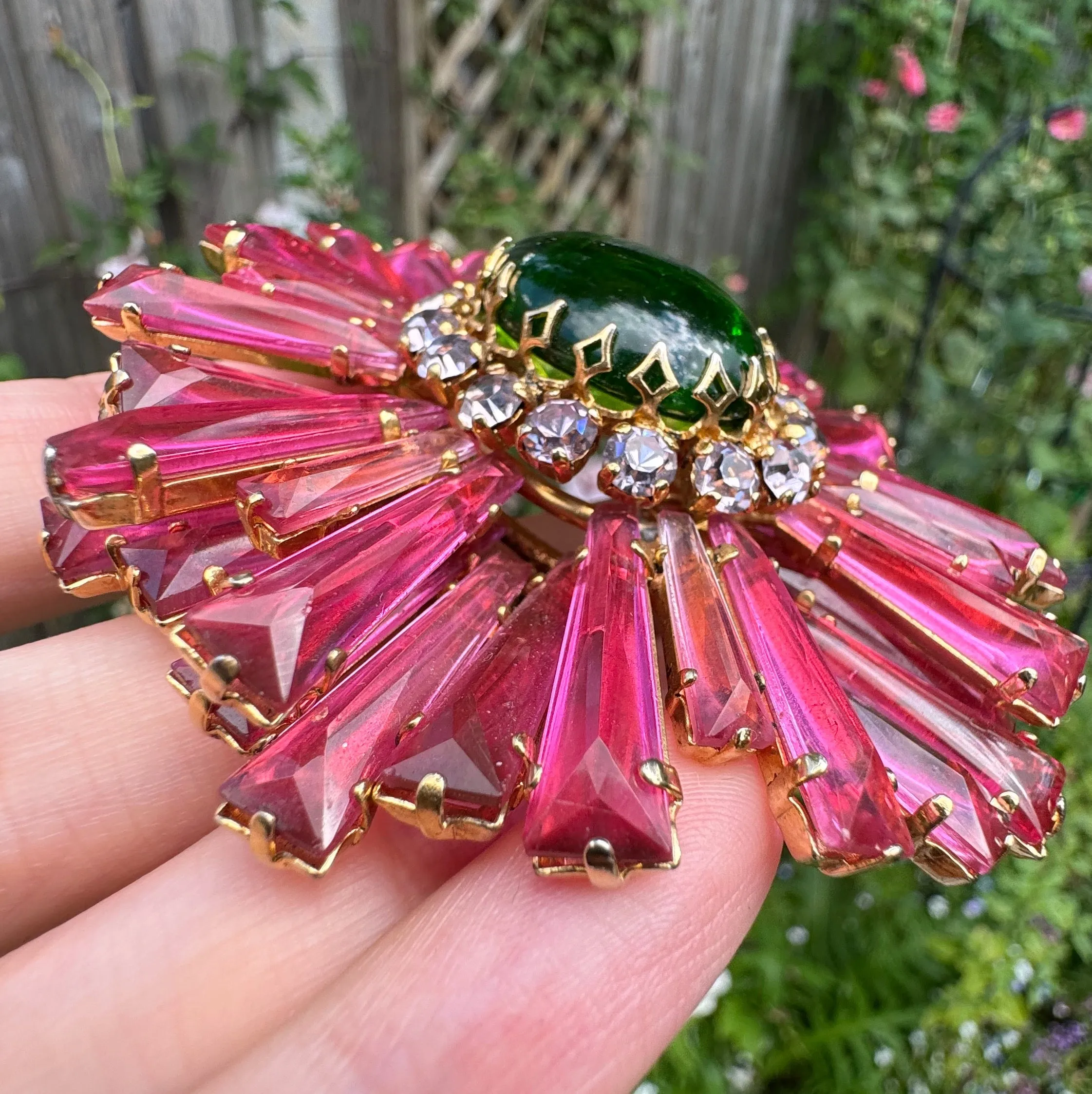 Vintage Schreiner Pink & Green Keystone Ruffle Brooch