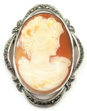 Vintage Sterling Silver & Marcasite Shell Cameo Brooch