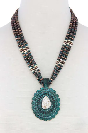 Western Concho Pendant Beaded Necklace