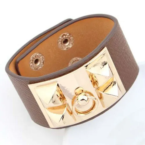 Women Bracelet Punk Metal Pyramid Rivet Wide Fashion Bracelet Faux Leather Wristband Cuff Bangle Bracelet