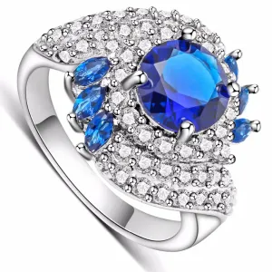 Women's Rings White Gold Plated Fill Inlay Blue Zircon Crystal Jewelry Charms Ring Female Gifts