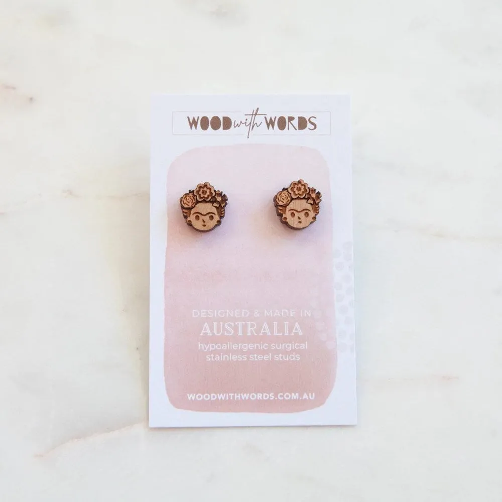 Wood With Words: Wooden Stud Earrings Frida