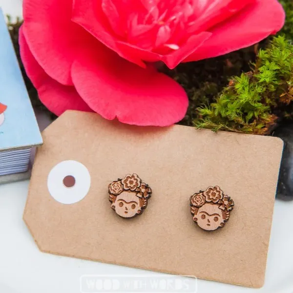 Wood With Words: Wooden Stud Earrings Frida