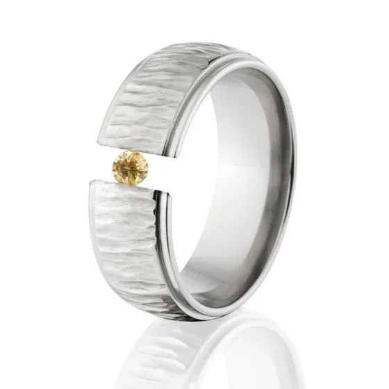 Yellow CZ Tree Bark Ring, Titanium Tension Set Ring